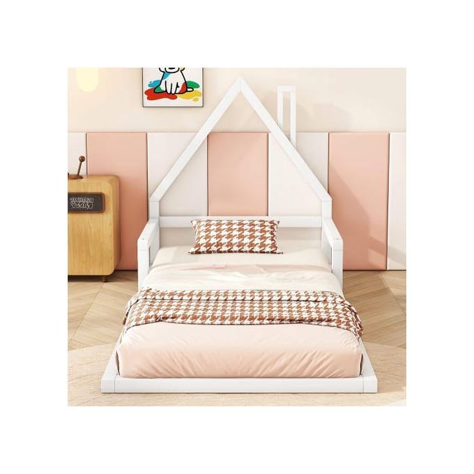 Lit d'enfant - MUVOE - 90x200cm - Pin massif - Forme maison - Blanc blanc