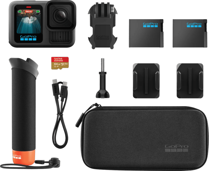 GoPro HERO13 Black Accessory Hard Bundle Actioncam Webcam, GPS, 5.3K, 360°, Bluetooth, WiFi, Touchscreen, Stereo Sound