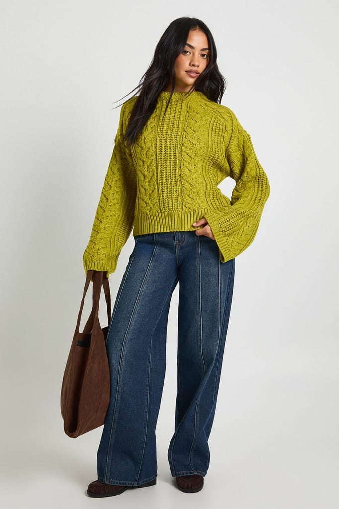 boohoo Dames Stoere kabelgebreide trui | Chartreuse | Maat: Small