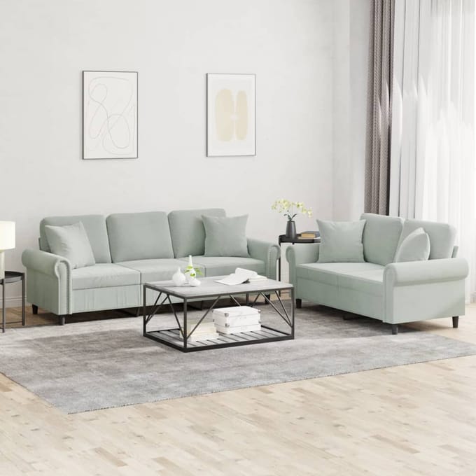 vidaXL - 2-delige - Loungeset - met - kussens - fluweel - lichtgrijs
