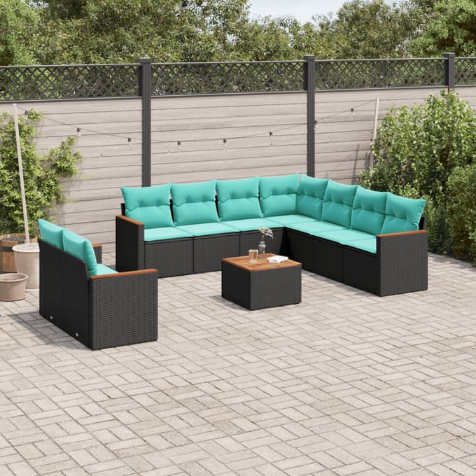 vidaXL - 10-delige - tuinbankset - met - kussens - van - zwart - polyrotan