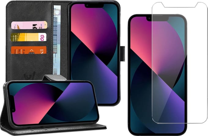 Hoesje geschikt voor iPhone 13 - Screenprotector - Book Case Kunstleer Wallet - Zwart