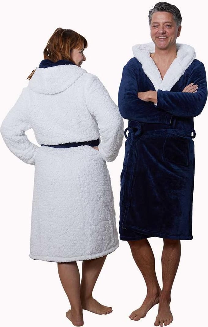 2 kanten draagbare badjas met teddy voering - navy - capuchon - unisex model - reversible badjas fleece