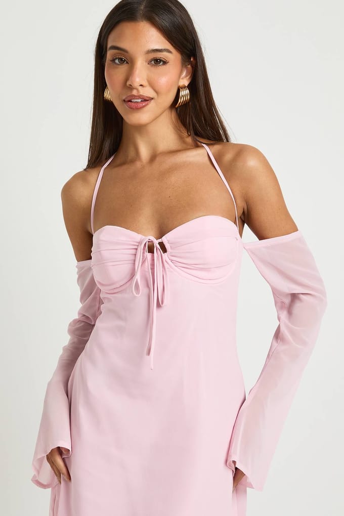boohoo Dames Chiffon Mini Jurk met Lange Mouwen | Pink | Maat: 14