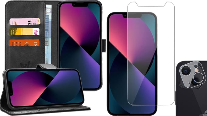 Hoesje geschikt voor iPhone 13 Mini - Book Case Kunstleer Wallet - Zwart - Met Screenprotector en Camera Screen Protector