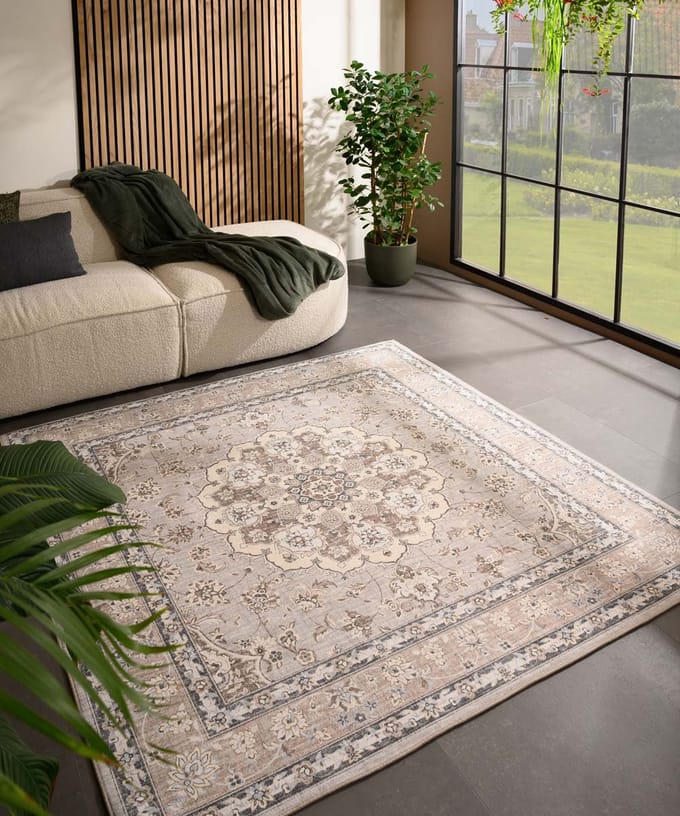 Vintage buitenkleed vierkant - Valenca Nova beige/lichtgrijs 200x200