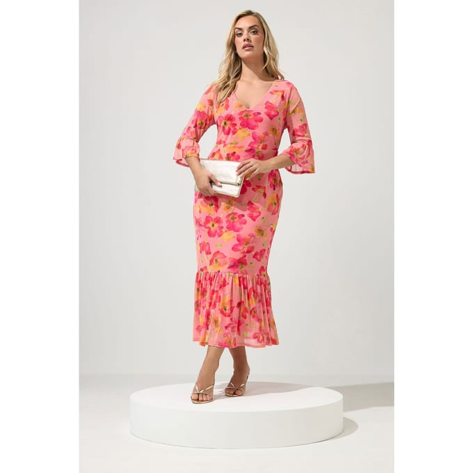 Yours London Roze Bloemen Mesh Gelaagde Jurk Size 48