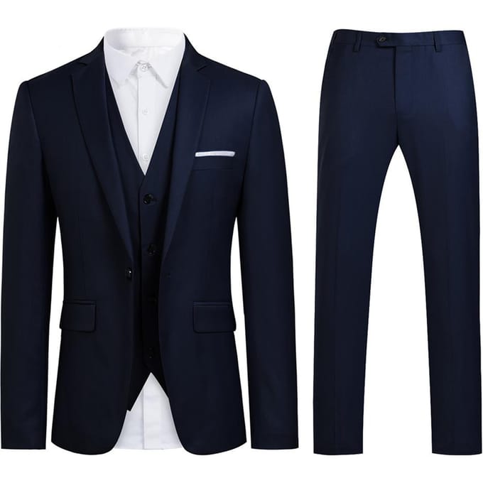 Marineblauw pak met slanke pasvorm en piekrevers