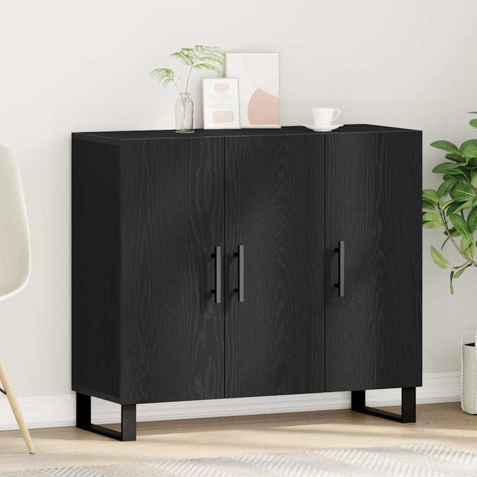 vidaXL - Dressoir - Zwart - Eiken - 90 - x - 34 - x - 80 - cm - Bewerkt - hout