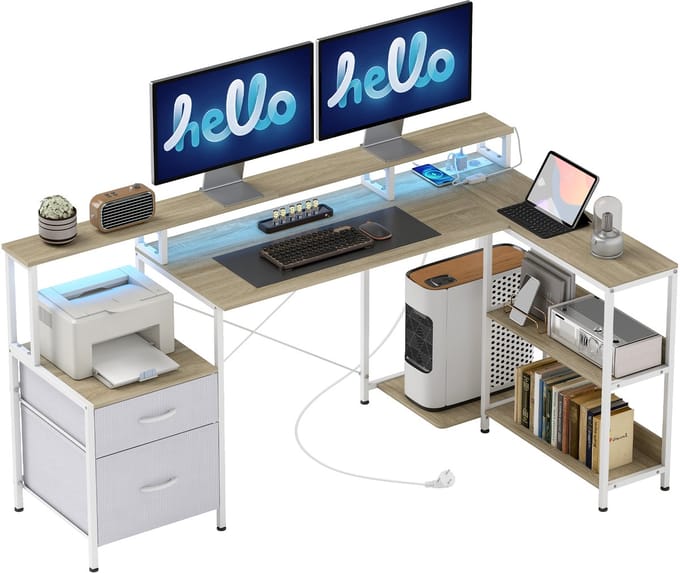 HOMCOM L-vormig computerbureau - Spaanplaat, Metaal - 172 x 100 x 89 cm - Wit
