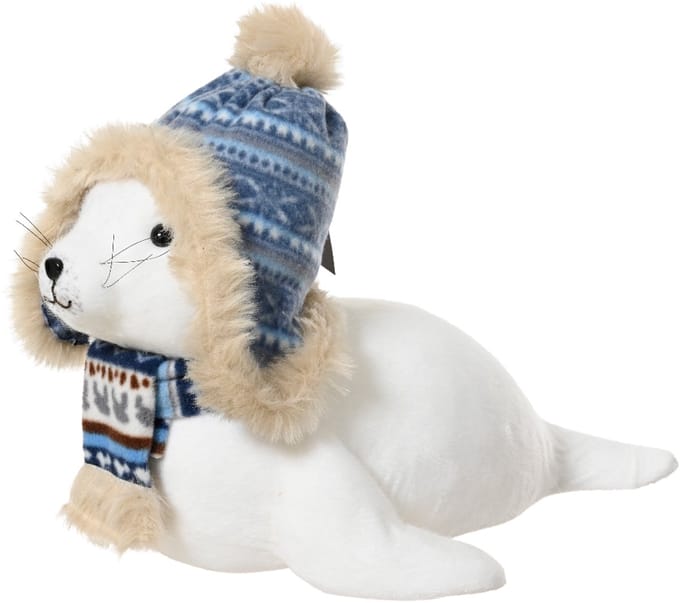 Decoris - Knuffel Zeehond met Muts - Wit/Blauw - Polyester - 21x23x50 cm