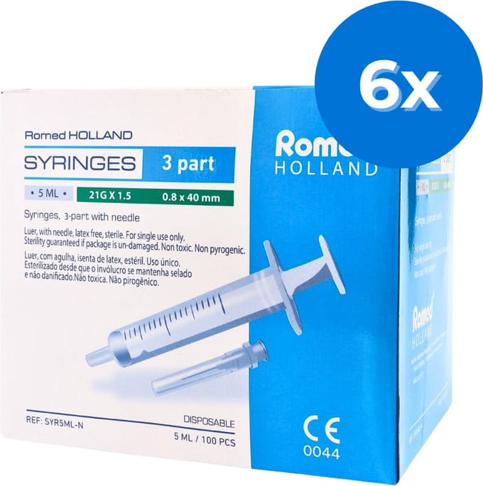 Romed 5ml injectiespuiten met naald 600 stuks - Set van 6 doosjes Romed