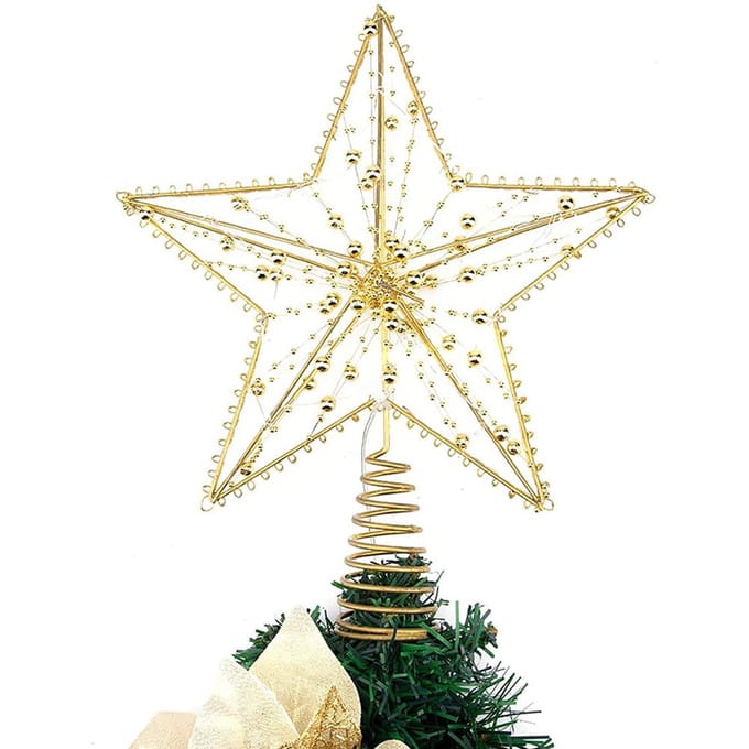 Étoile de sapin de Noël avec guirlande lumineuse LED à paillettes pour sapin de Noël beige