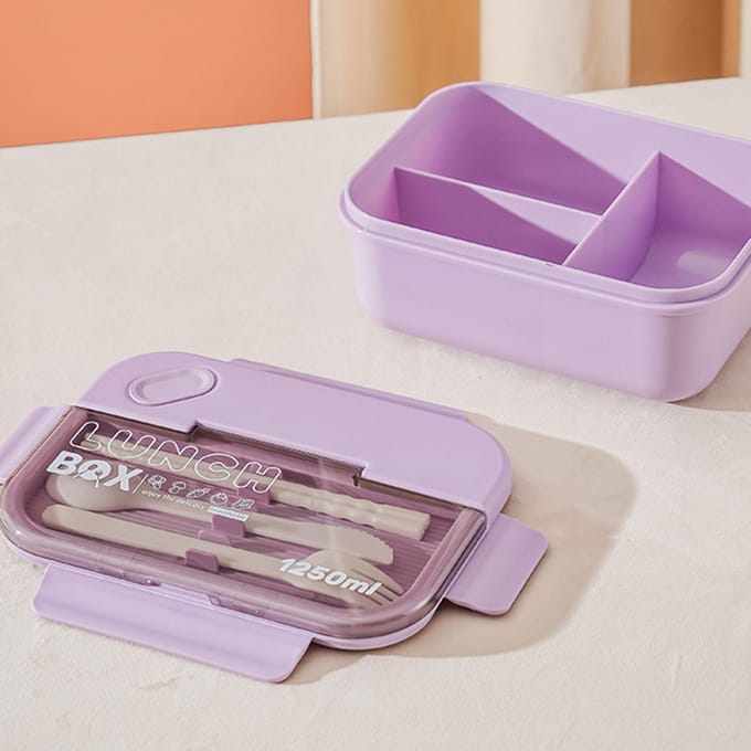 3-vaks Lunchbox 1250ml Paars Anti-lek PS PP Silicone Magnetronbestendig Bento Lunchbox voor gray