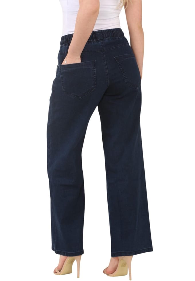 MYT Womens Elasticated High Waist Wide Leg Jeans in Donkerblauw