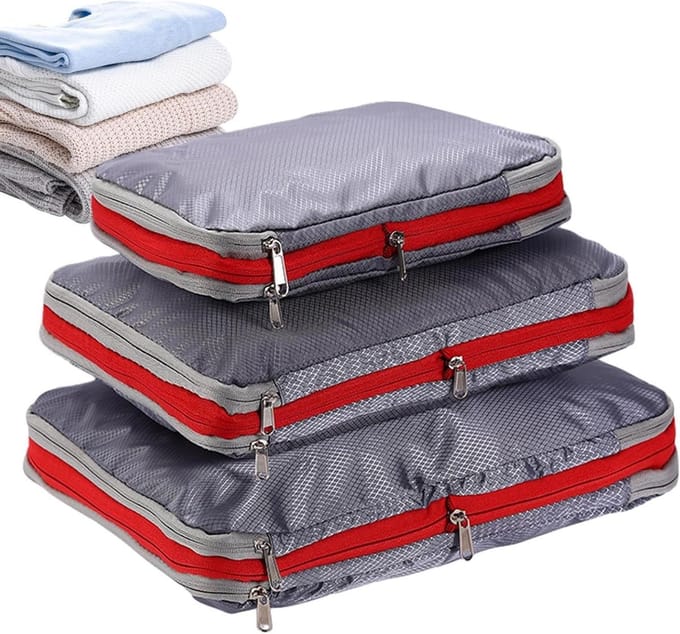Compressie Reiskubussen - Koffer Organizers - Efficiënt Inpakken - Verstelbare Dubbele Rits - 3 Delig Set - Grijs