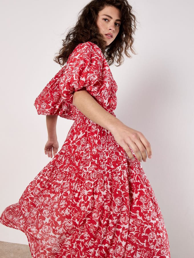 Rose Print Tiered Midi Dress