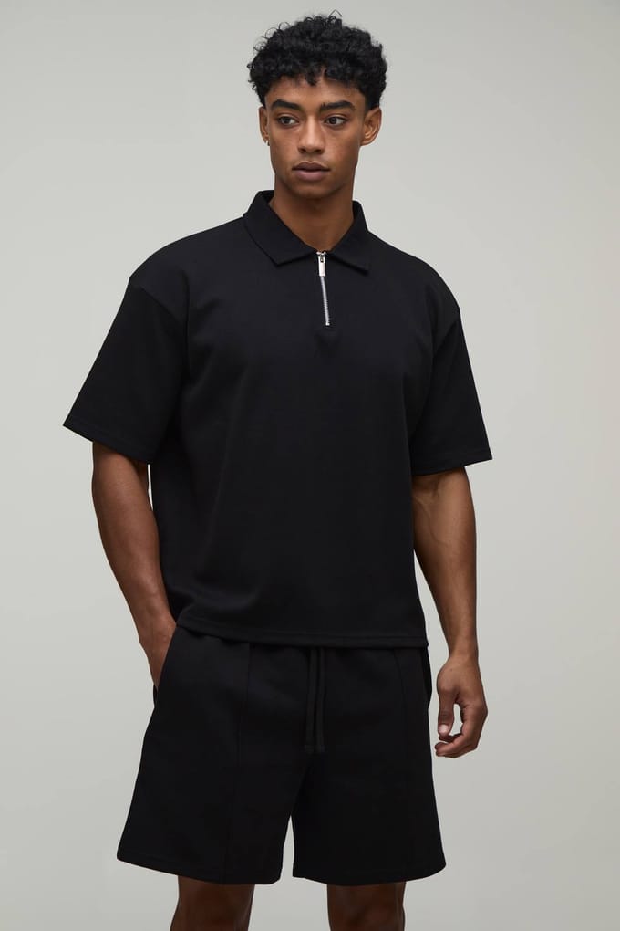 Oversized Boxy Interlock Polo Met Korte Mouwen En Pintuck Short Set | Black | Size Medium