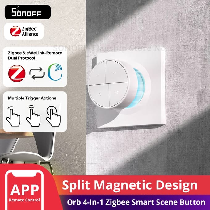 SONOFF Orb 4-in-1 Zigbee Smart Scene-knop Gesplitst magnetisch ontwerp Zigbee & eWeLink-Remote Dual Protocol Meerdere triggeracties