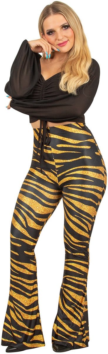 Flared Broek Tijgerprint - Goud-Zwart - Dames - Maat S/M