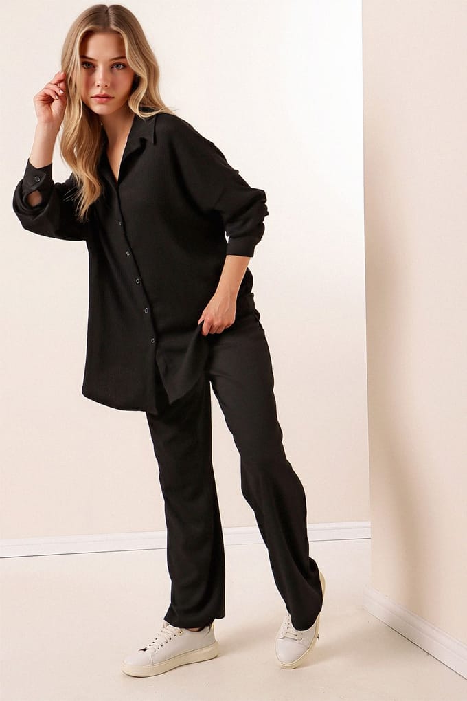 Textuur Langsleeve Gebreid Shirt & Broek Gebreide Set
