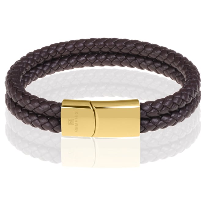 Memphis dubbele leren armband Donkerbruin Goudkleurig-21cm