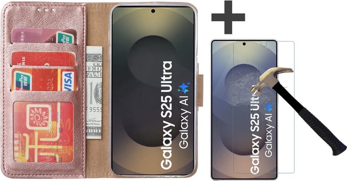 Hoesje met Screenprotector Geschikt voor Samsung Galaxy S25 Ultra – Arara bookcase met pasjeshouder - Rosegoud