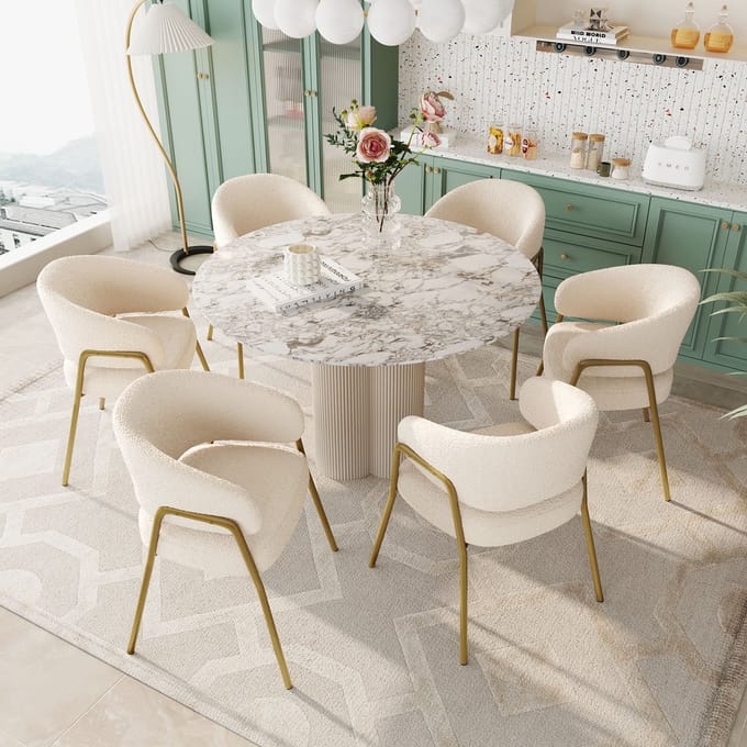 Eetkamerstoel - Set Van 6 - Moderne Lamsfluweel Eetkamerstoel Goud Design - Eetkamer Woonkamer - Fluweel Metaal - Wit Goud