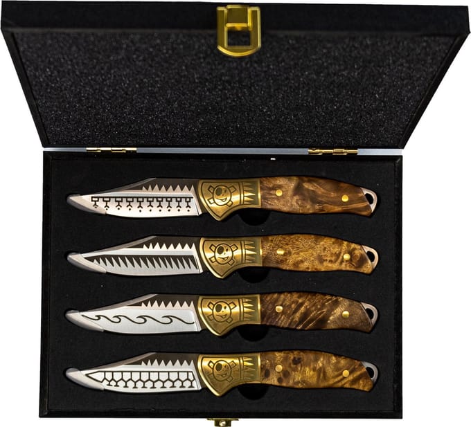 Homey's Schiffmacher 4-Delige Steakmessenset - 8cm - Wortelnotenhout - Tattoo Bedrukking - Giftbox