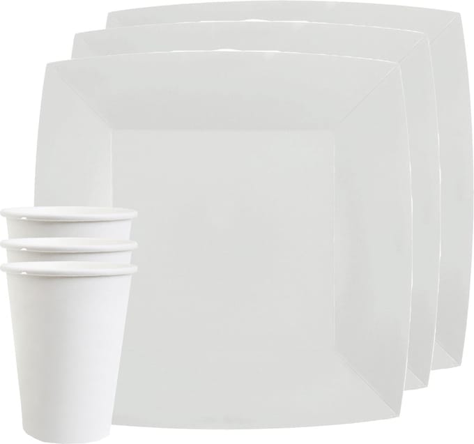 Santex feest/verjaardag servies set - 10x bordjes en bekertjes - wit - karton