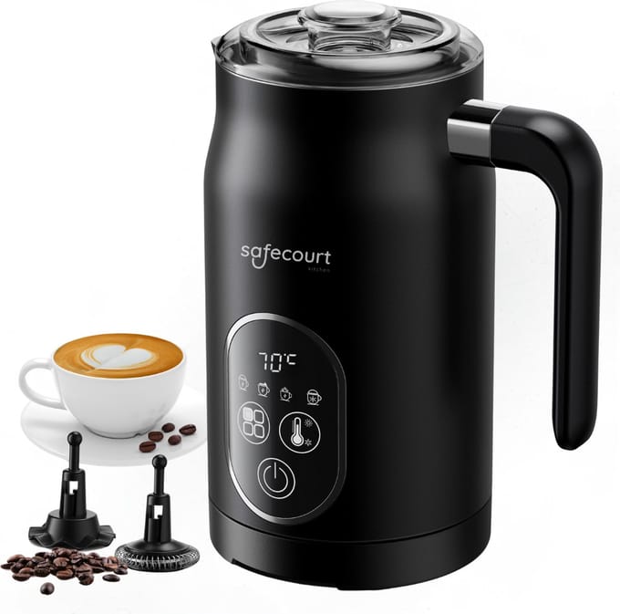 Safecourt kitchen Elektrische Melkopschuimer – 100% PFAS-vrij – Display & Temperatuurregeling – 4-in-1 – 250ml – Zwart