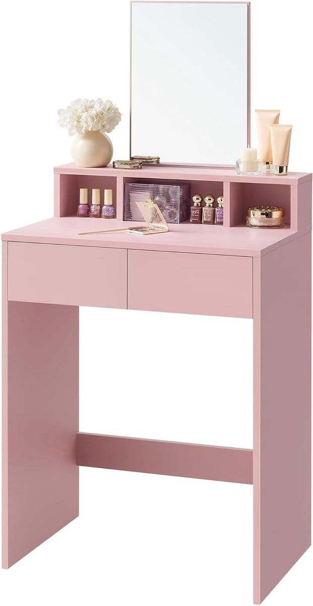 Kaptafel met Spiegel - Make-up Tafel - Cosmetica Organiseren - Compact Ontwerp - 60 cm Breed - Pastel Roze