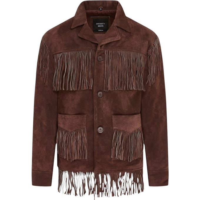 Heren retro bruine cowboy suède leren fringejas - Western