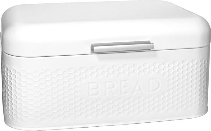 Meyerhoff Broodtrommel 30,5 cm – Met Klepdeksel & 3D Bread-Reliëf – Gepoedercoat Staal – Voor Lang Vers Brood – Wit Design