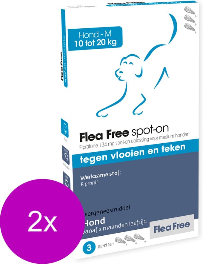 Flea Free Fipralone Spot-On Hond Medium - Anti vlooien en tekenmiddel - 2 x 3 pip