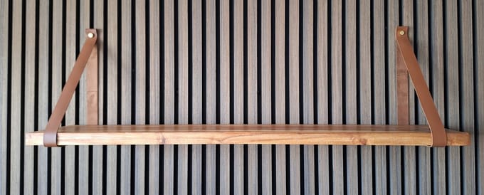 Hoexs - Acacia Hout 80 cm - Leren Plankdragers Cognac - Vintage Wandplank