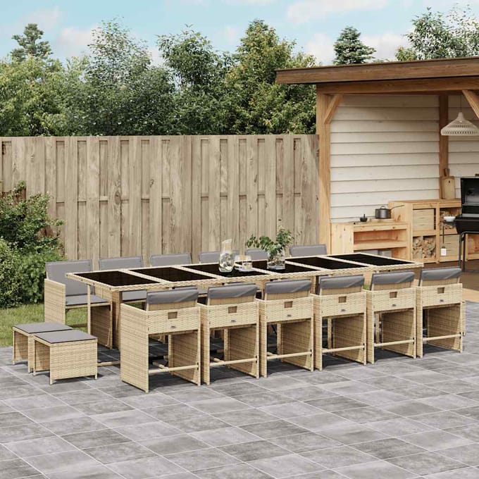 vidaXL - 17-delige - Tuinset - met - kussens - poly - rattan - gemengd - beige