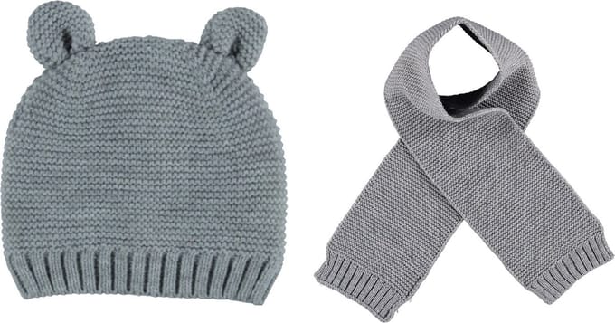 Gebreide Meisjes Set – Muts met Voering & Sjaal – Berenoortjes – Grijs (1–2 jaar)