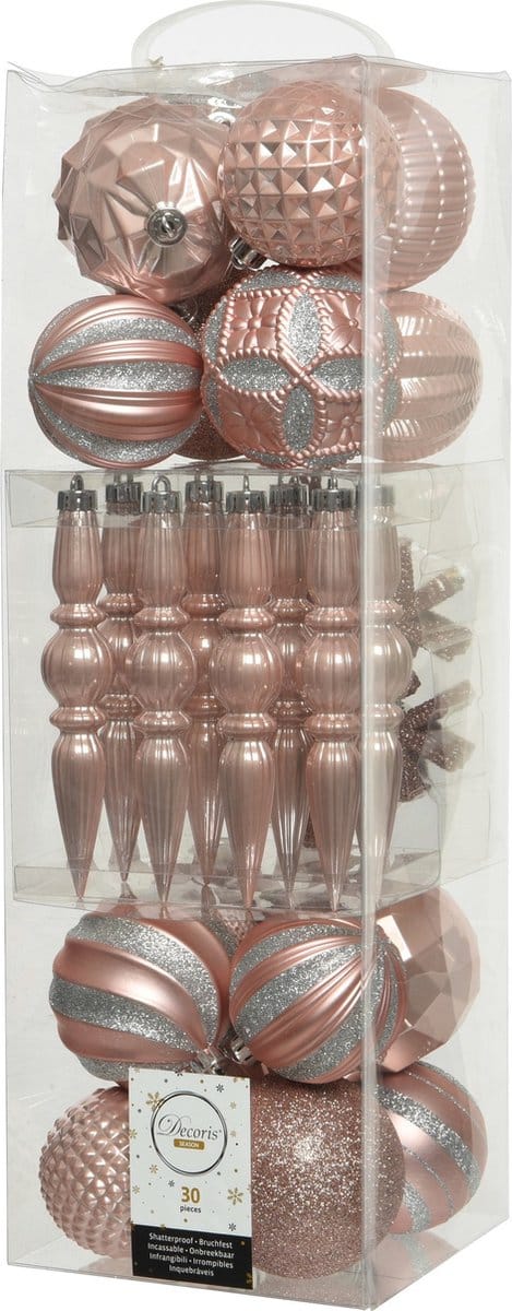 Decoris Kerstboomversiering set - kerstballen en kersthangers - 30x st - lichtroze - kunststof