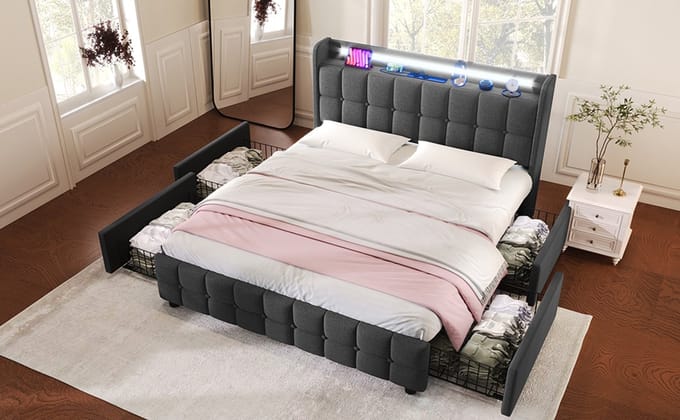 Boxspring Met USB LED Opbergbed 160x200 Met Lades Grijs Bedframe Metaal