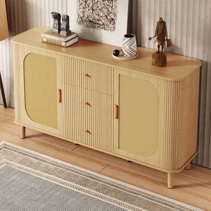 OKWISH Dressoir Met Rattan Deuren En Ladefront Met Golfstructuur - Woonkamer En Eetkamer - MDF Naturel - 140×40×80 Cm