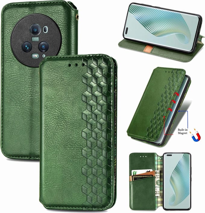 Luxe PU Lederen Ruitpatroon Wallet Case + Glas Screenprotector voor Honor Magic5 Pro _ Groen