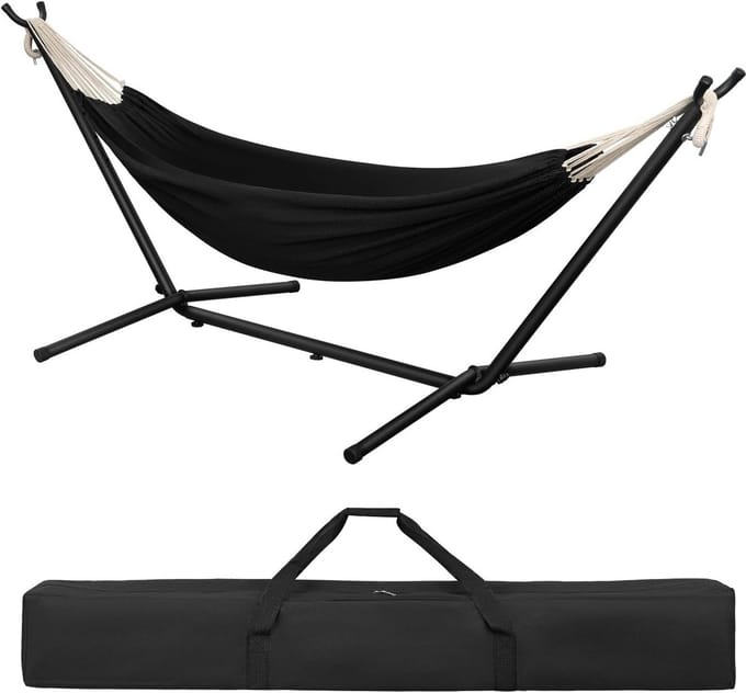 Hangmat met frame - Dubbele hangmat - Ontspannen in de tuin - Draagbaar met tas - 280 cm lang - Zwart
