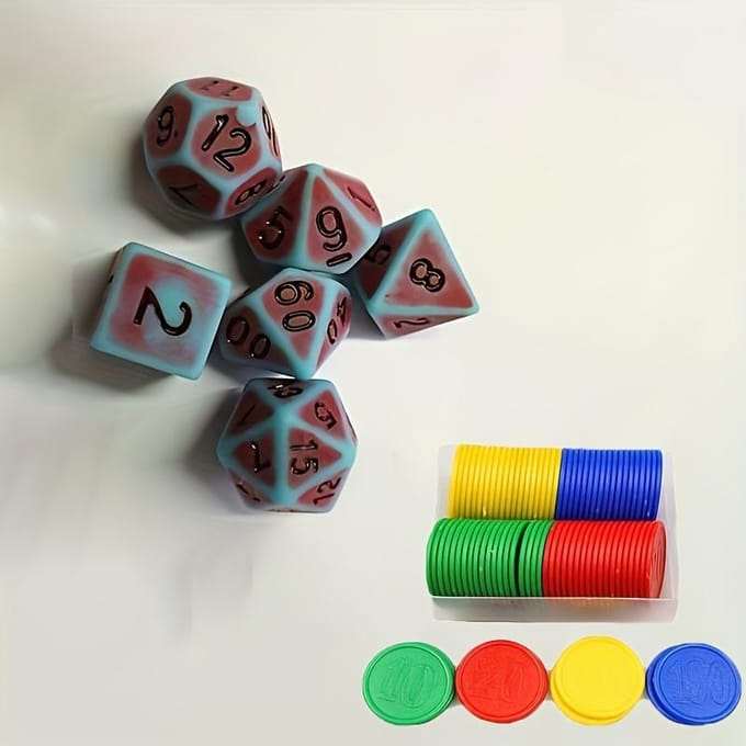 Ensemble de 7 dés et 50 pièces de jeu rond, dés numériques multi-faces colorés rétro antiques, jeu de table de loisirs et de divertissement black