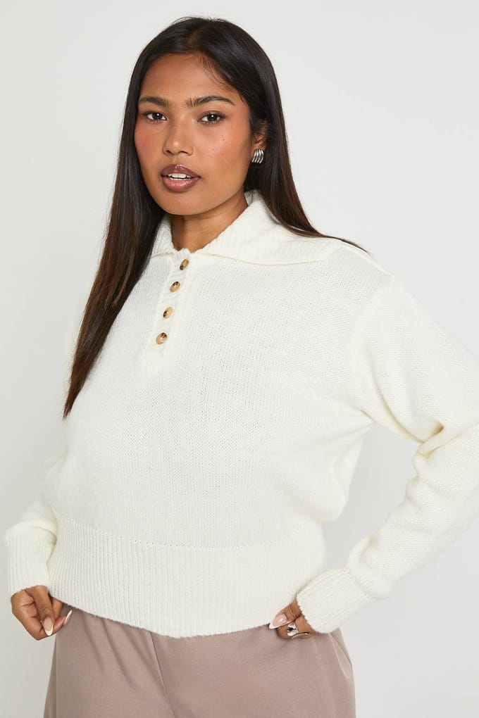 boohoo Dames Plus Gebreide Henley Kraag Trui | Ecru | Maat: 28