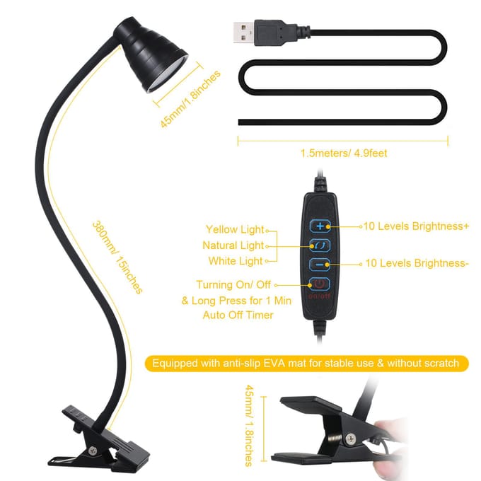 Tomshine 5W 24LEDs tafel bureaulamp lezen naast lichtklem CLip verlichtingsarmatuur USB-aangedreven wit