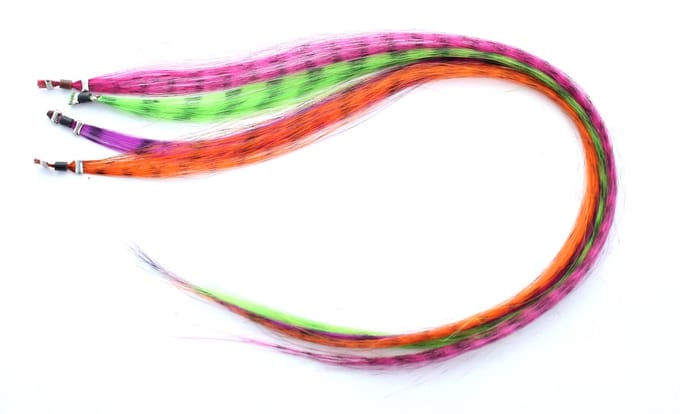 Funny feather look extensions oranje  groen fuchsia paars 4 extensions