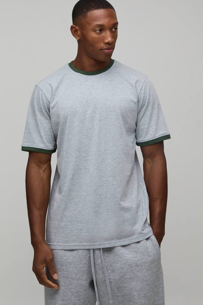 Regular Fit Ringer T-shirt Met Ronde Hals | Grey Marl | Size Medium