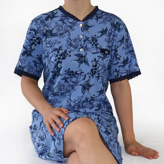 Medaillon Dames Nachthemd - Korte Mouwen - Gebloemd - Blauw - Maat S
