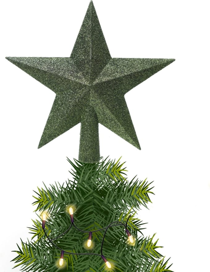 Decoris kerstboom piek - 1x - ster vorm - donkergroen - glitter - 19 cm - kunststof - kerstpiek